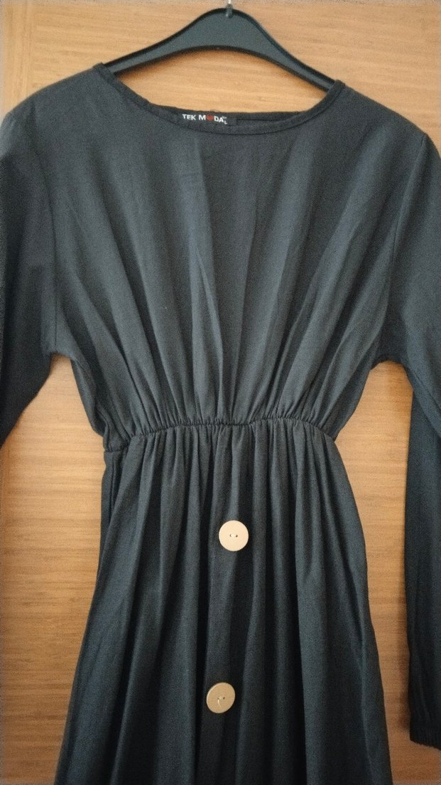 Düğmeli Siyah Keten Uzun Elbise - Görsel 2