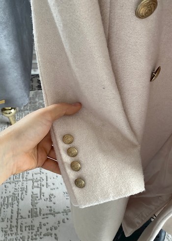 Bej Düğmeli Uzun Yün Kadın Kaban - Görsel 4