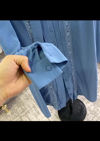 Uzun Kollu Mavi İşlemeli Bohem Tunik - Görsel 3