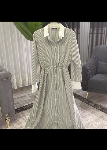 Uzun Kollu Gömlek Elbise ve Şal Seti - Görsel 2