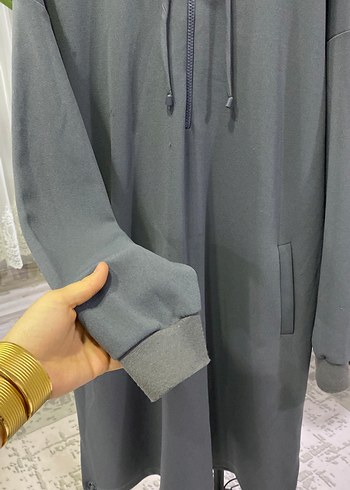 Gri Kapüşonlu Uzun Kadın tunik - Görsel 2