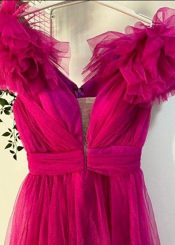 Pembe Mini V Yaka Fırfırlı Abiye Elbise - Görsel 4