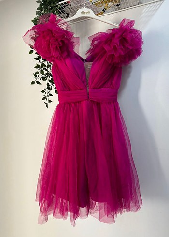 Pembe Mini V Yaka Fırfırlı Abiye Elbise - Görsel 2