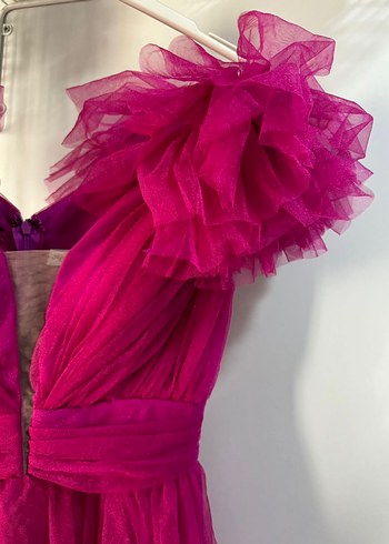 Pembe Mini V Yaka Fırfırlı Abiye Elbise - Görsel 3