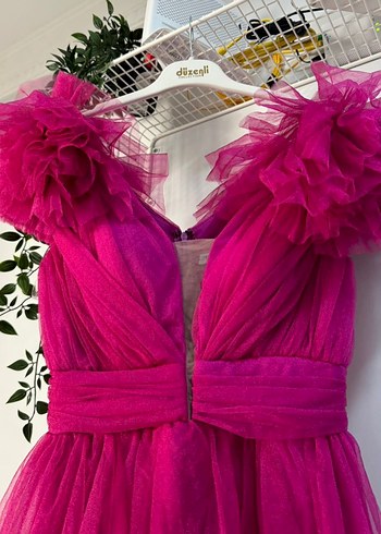 Pembe Mini V Yaka Fırfırlı Abiye Elbise - Görsel 5