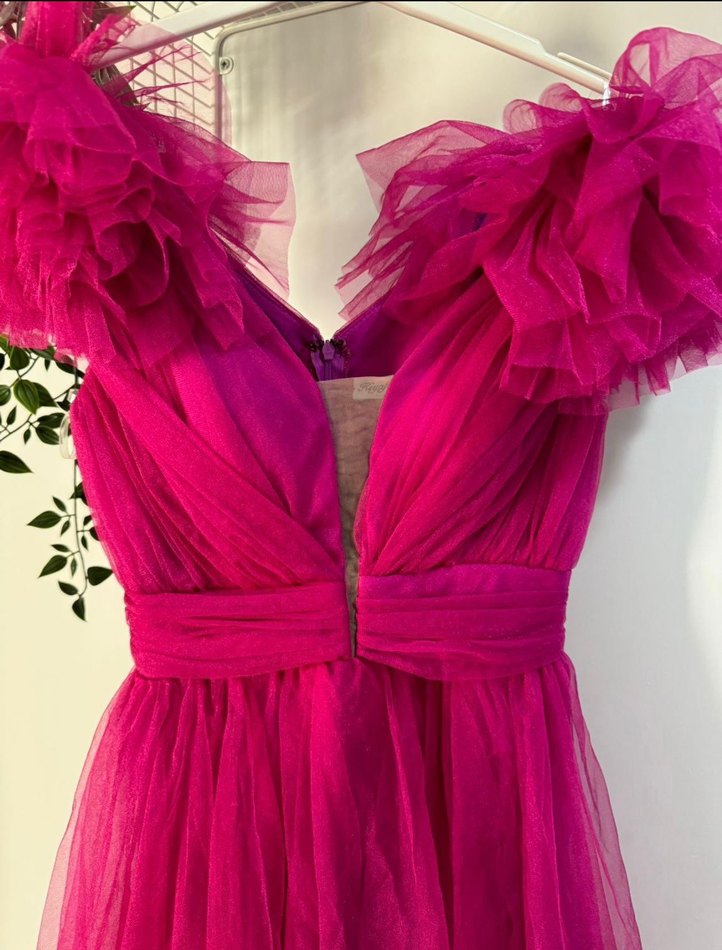 Pembe Mini V Yaka Fırfırlı Abiye Elbise - Görsel 4