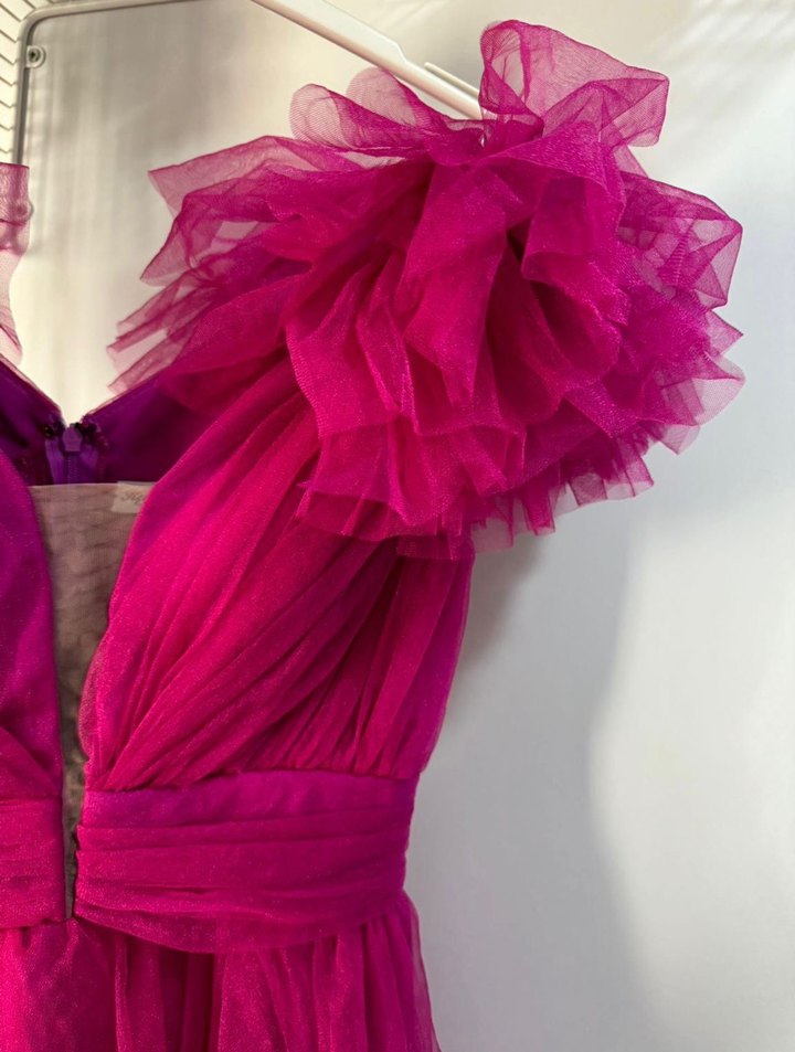 Pembe Mini V Yaka Fırfırlı Abiye Elbise - Görsel 3