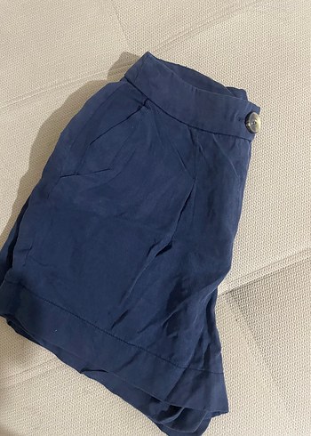 34 Beden Düğmeli Lacivert Keten Mini Şort
