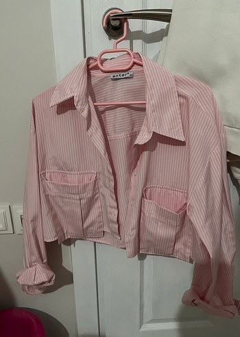 Pembe Çizgili Mini Pamuklu Kadın Gömlek