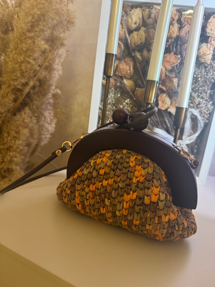 Örgü Detaylı Kahverengi Bohem Kadın Clutch Çanta - Görsel 3