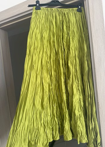 Kadın Yeşil Uzun Pilili Keten Etek - Görsel 2