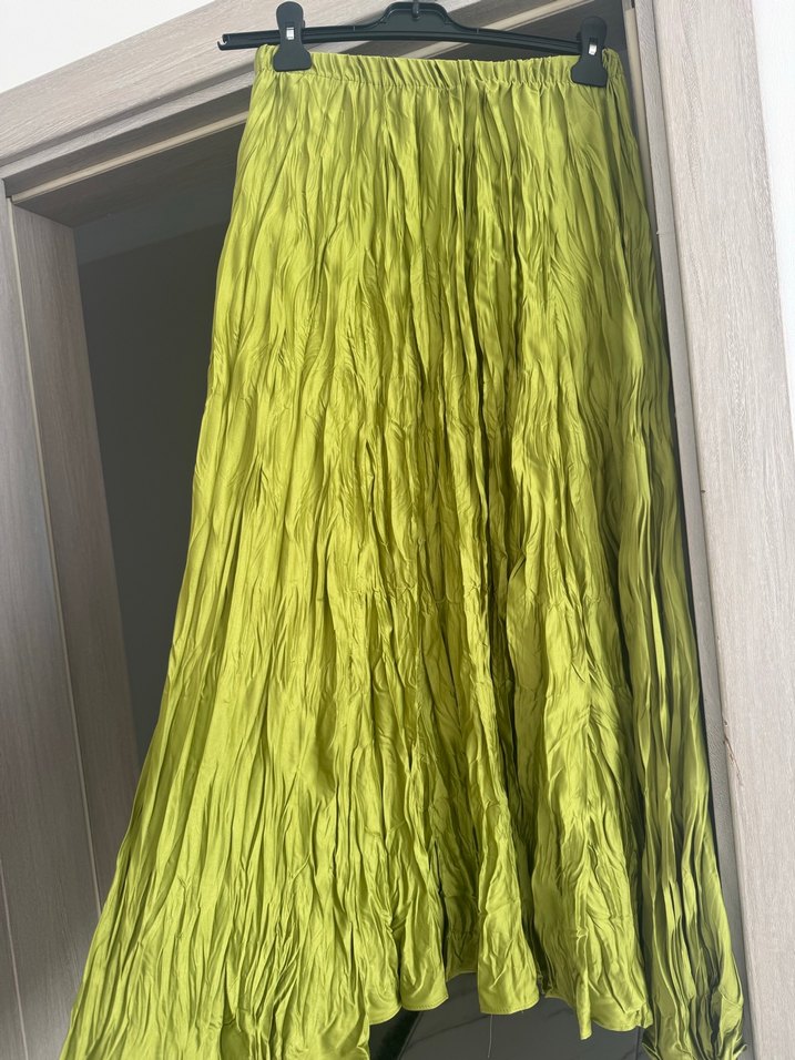 Kadın Yeşil Uzun Pilili Keten Etek - Görsel 2