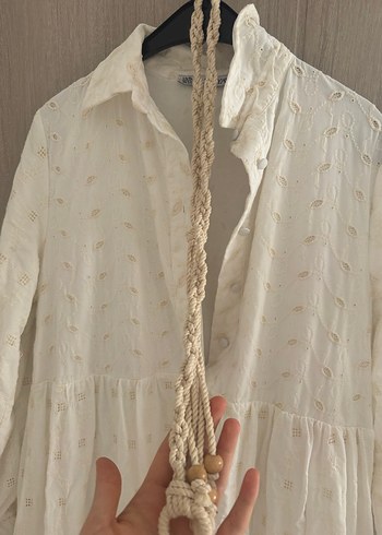 Nakışlı Fırfırlı Beyaz Uzun Keten Elbise - Görsel 2