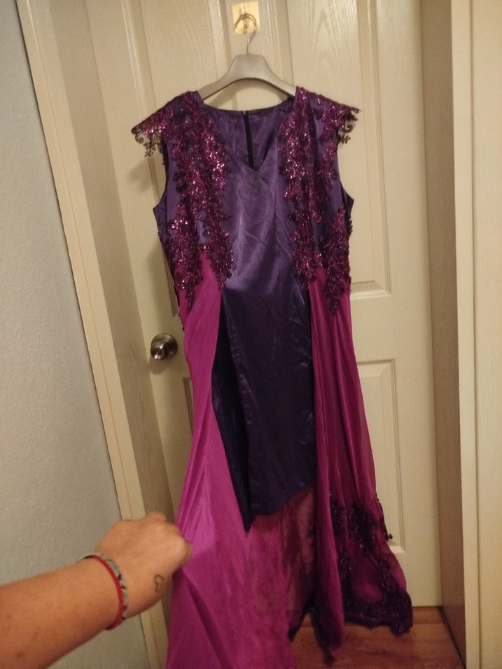 Mor Drapeli İşlemeli Uzun Abiye Elbise - Görsel 2