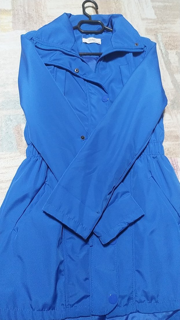 Düğmeli Mavi Kadın Yağmurluk - Görsel 2