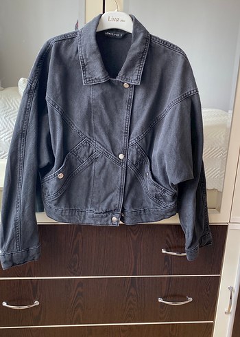 s Beden Gri Düğmeli Kadın Denim Ceket