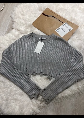 Zara Gri Fitilli Crop Triko Kazak