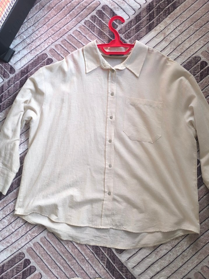 Düğmeli Beyaz Hamile Keten Gömlek - Görsel 2