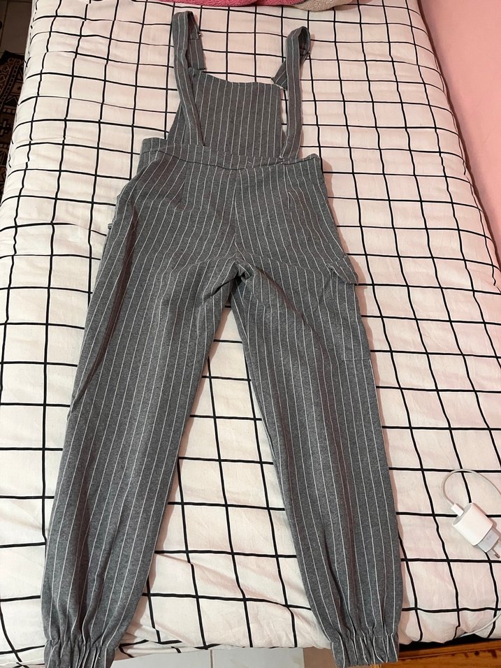 Gri Çizgili Askılı Bol Kesim Tulum - Görsel 4