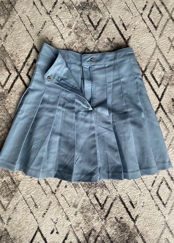 H&M Mavi Pileli Denim Mini Etek