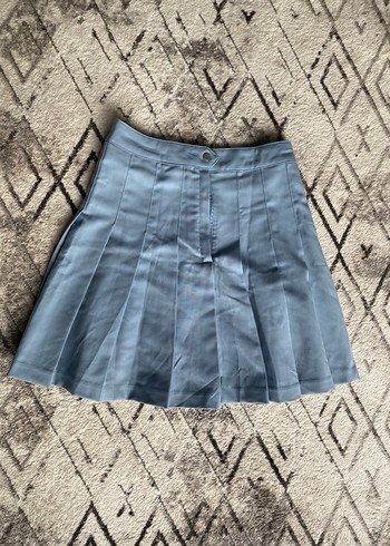 Mavi Pileli Denim Mini Etek