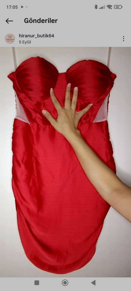 Kırmızı Drapeli Straplez Midi Elbise - Görsel 2