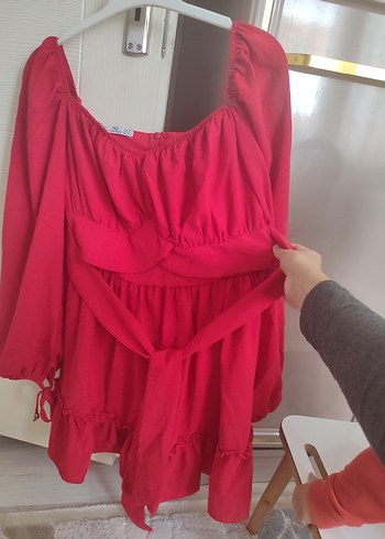 Kırmızı Mini Elbise, Volanlı, Straplez - Görsel 2