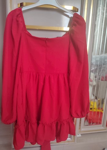 Kırmızı Mini Elbise, Volanlı, Straplez - Görsel 3