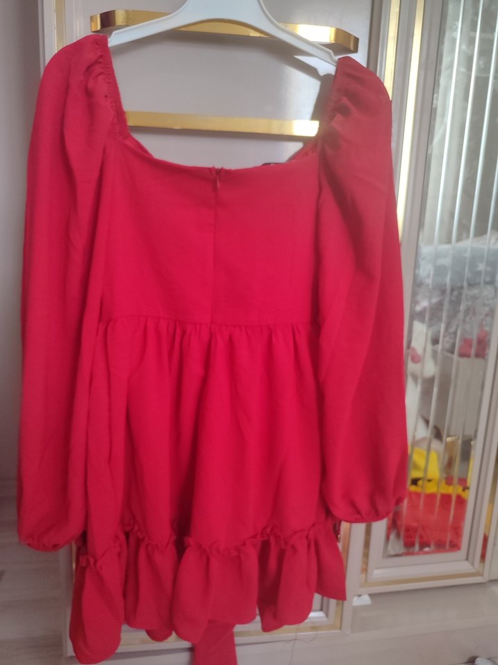 Kırmızı Mini Elbise, Volanlı, Straplez - Görsel 3