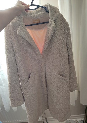 Bej Peluş Detaylı Midi Kadın Kaban mont ceket - Görsel 4