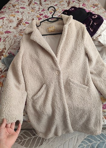 Bej Peluş Detaylı Midi Kadın Kaban mont ceket - Görsel 3