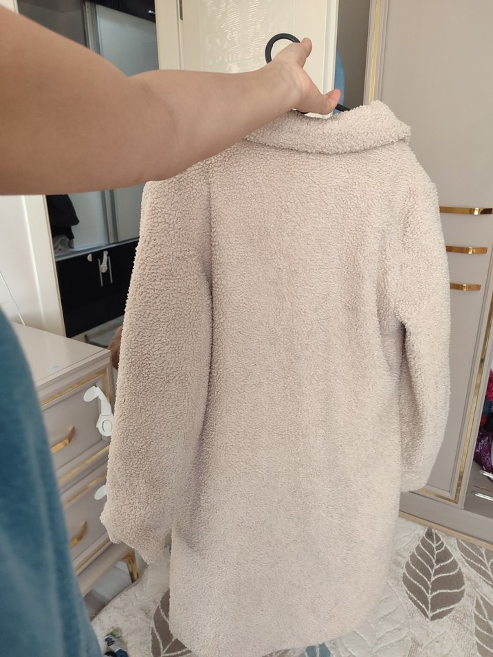 Bej Peluş Detaylı Midi Kadın Kaban mont ceket - Görsel 2