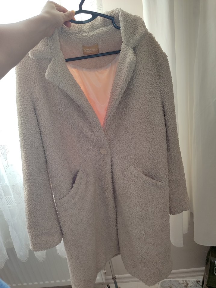 Bej Peluş Detaylı Midi Kadın Kaban mont ceket - Görsel 4