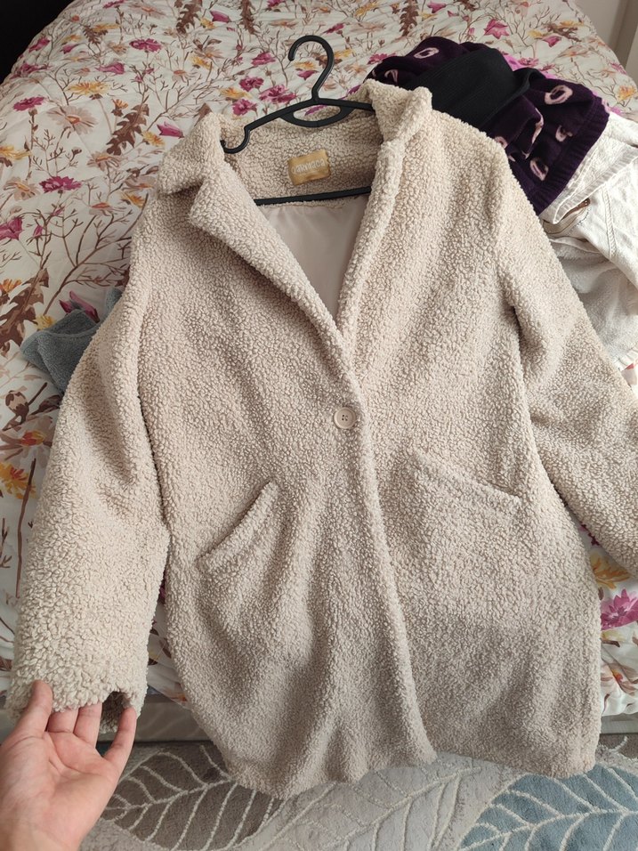 Bej Peluş Detaylı Midi Kadın Kaban mont ceket - Görsel 3