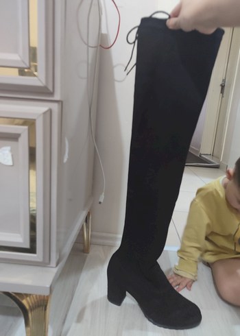 Siyah Süet Tokalı Dizüstü Kadın Çizme - Görsel 4