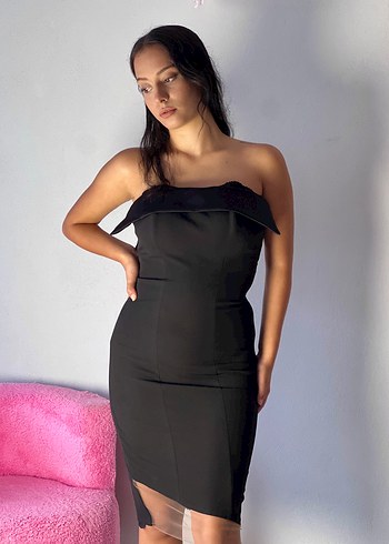 38 Beden Mariel Uzun Siyah Straplez Kalem Elbise