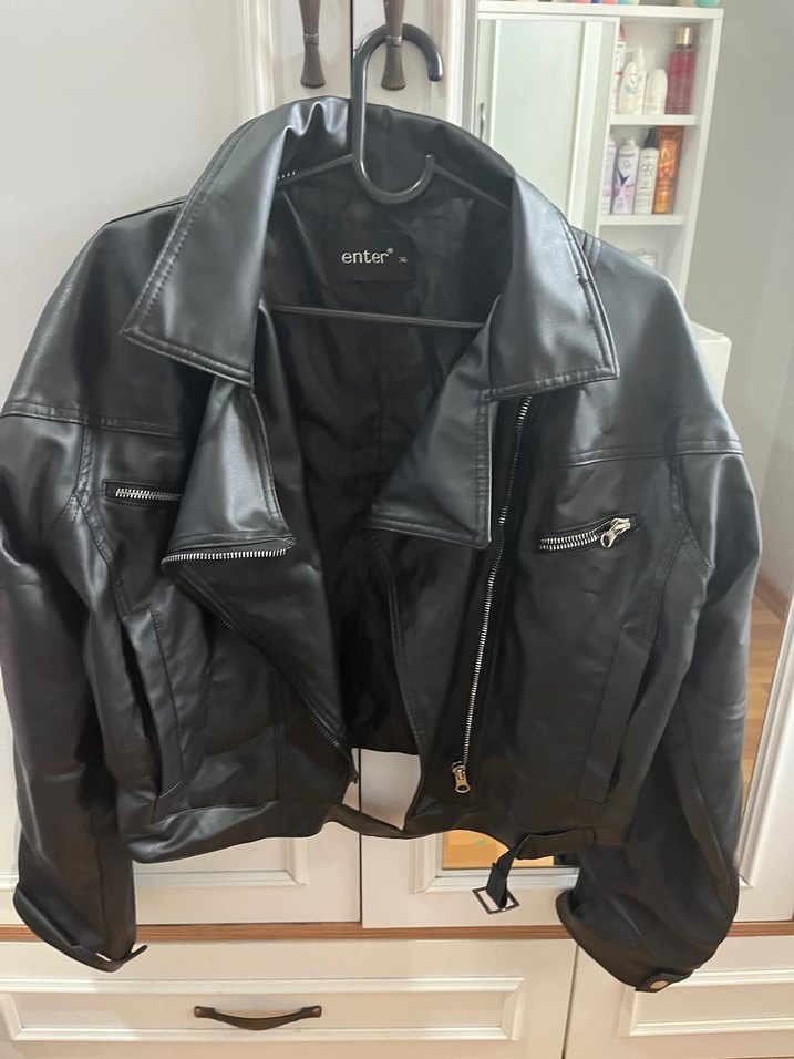 Kadın Siyah Deri Biker Ceket - Görsel 3