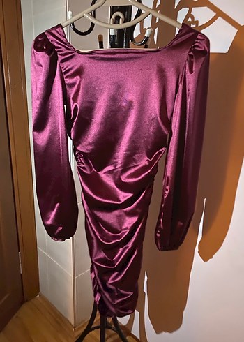 Bordo Uzun Kollu Drapeli Kadın  Elbise - Görsel 2