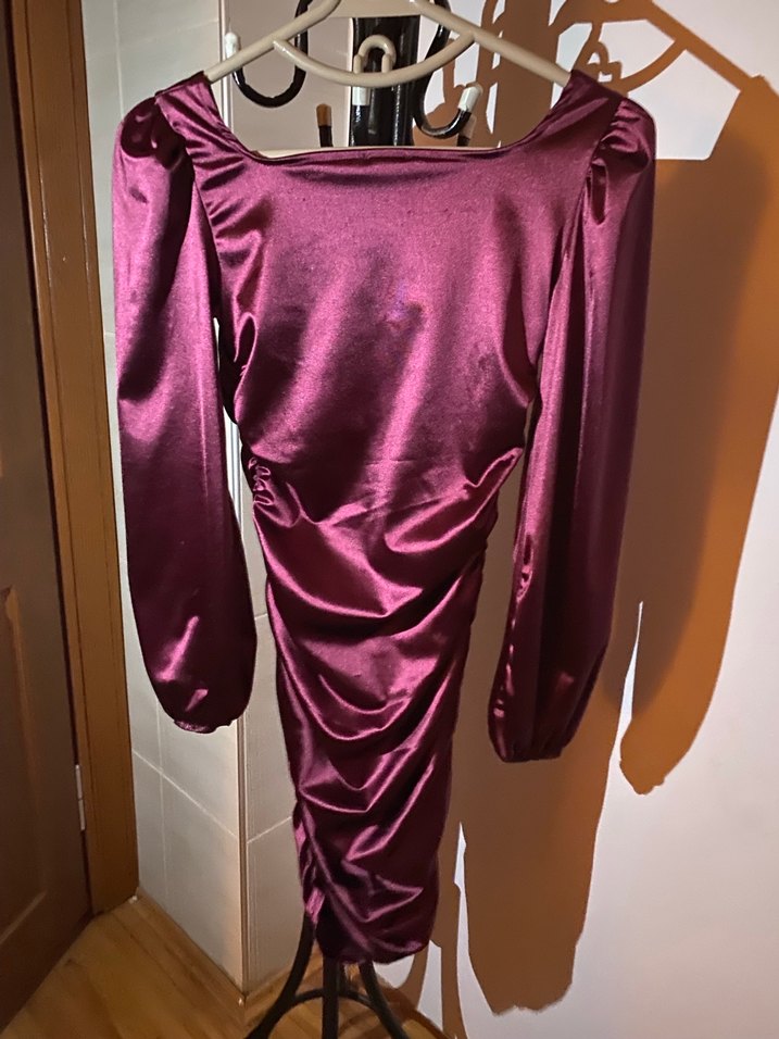 Bordo Uzun Kollu Drapeli Kadın  Elbise - Görsel 2