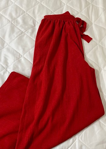 Kırmızı Pilili Midi Keten Kadın Pantolon - Görsel 2