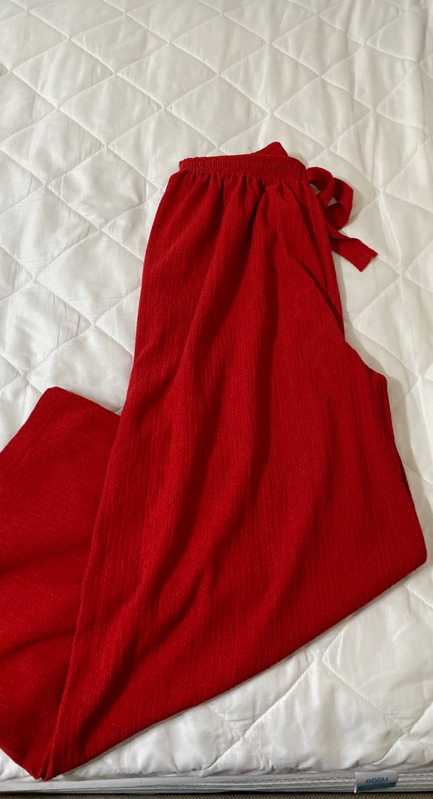 Kırmızı Pilili Midi Keten Kadın Pantolon - Görsel 2