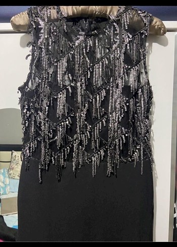 Siyah Straplez Uzun İşlemeli Abiye Elbise - Görsel 9