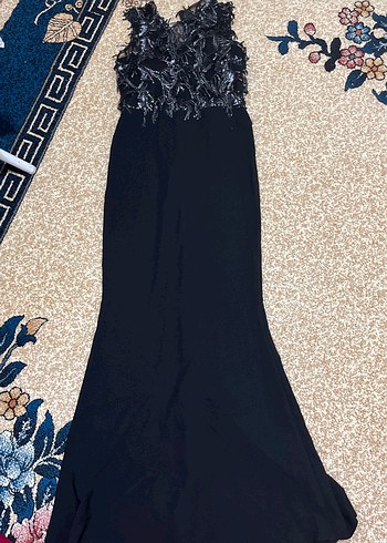 Siyah Straplez Uzun İşlemeli Abiye Elbise - Görsel 2