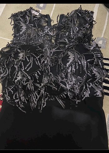 Siyah Straplez Uzun İşlemeli Abiye Elbise - Görsel 8