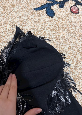 Siyah Straplez Uzun İşlemeli Abiye Elbise - Görsel 7