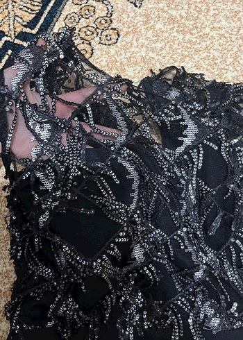 Siyah Straplez Uzun İşlemeli Abiye Elbise - Görsel 6