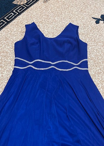 Mavi V Yakalı Uzun Drapeli Abiye Elbise - Görsel 2