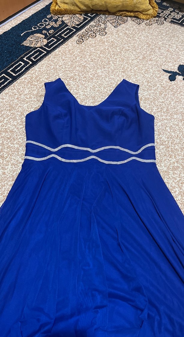 Mavi V Yakalı Uzun Drapeli Abiye Elbise - Görsel 2