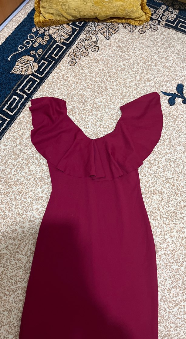 Bordo Uzun Drapeli V Yaka Abiye Elbise - Görsel 2