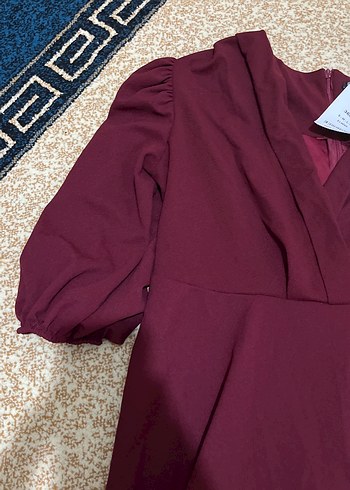 Bordo V Yakalı Uzun Kollu Salaş Elbise - Görsel 3